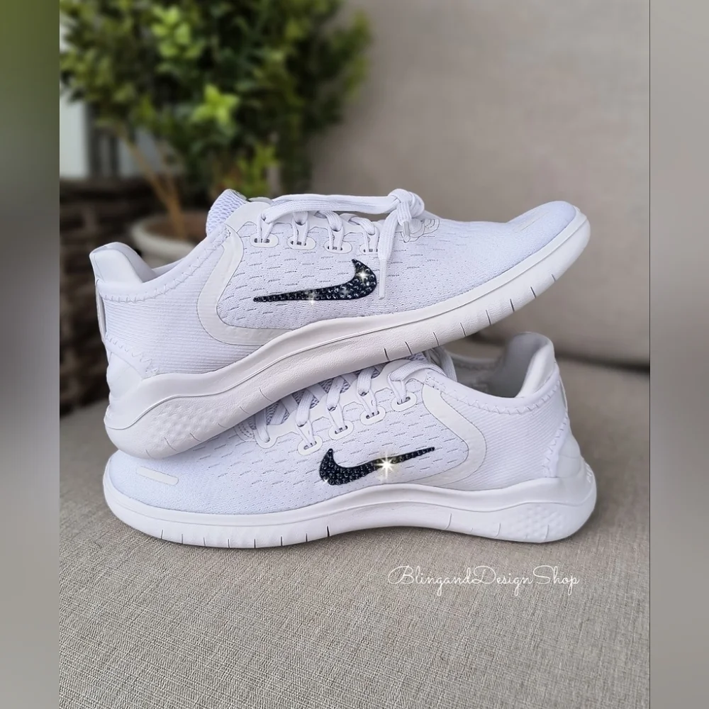 Nike Free RN 2018 White Sneakers Customized with Crystal Rhinestones
